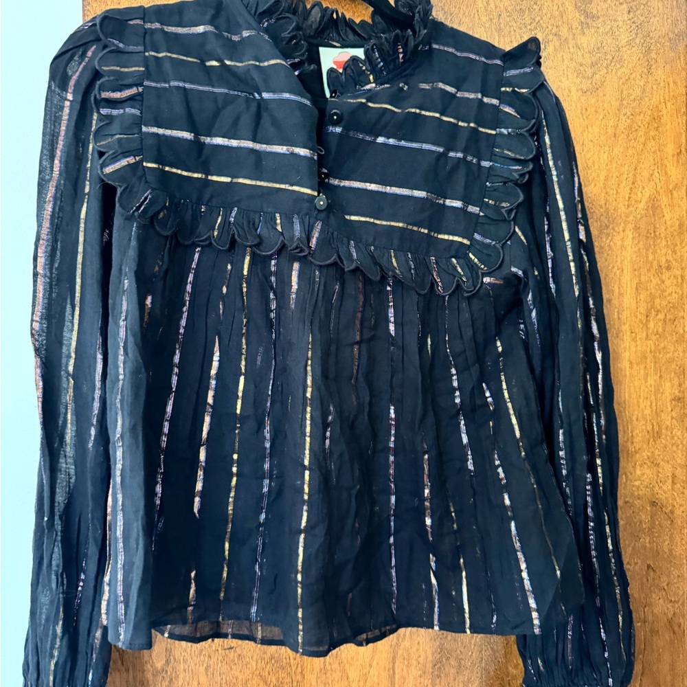 Farm Rio Metallic Stripe Ruffle Top